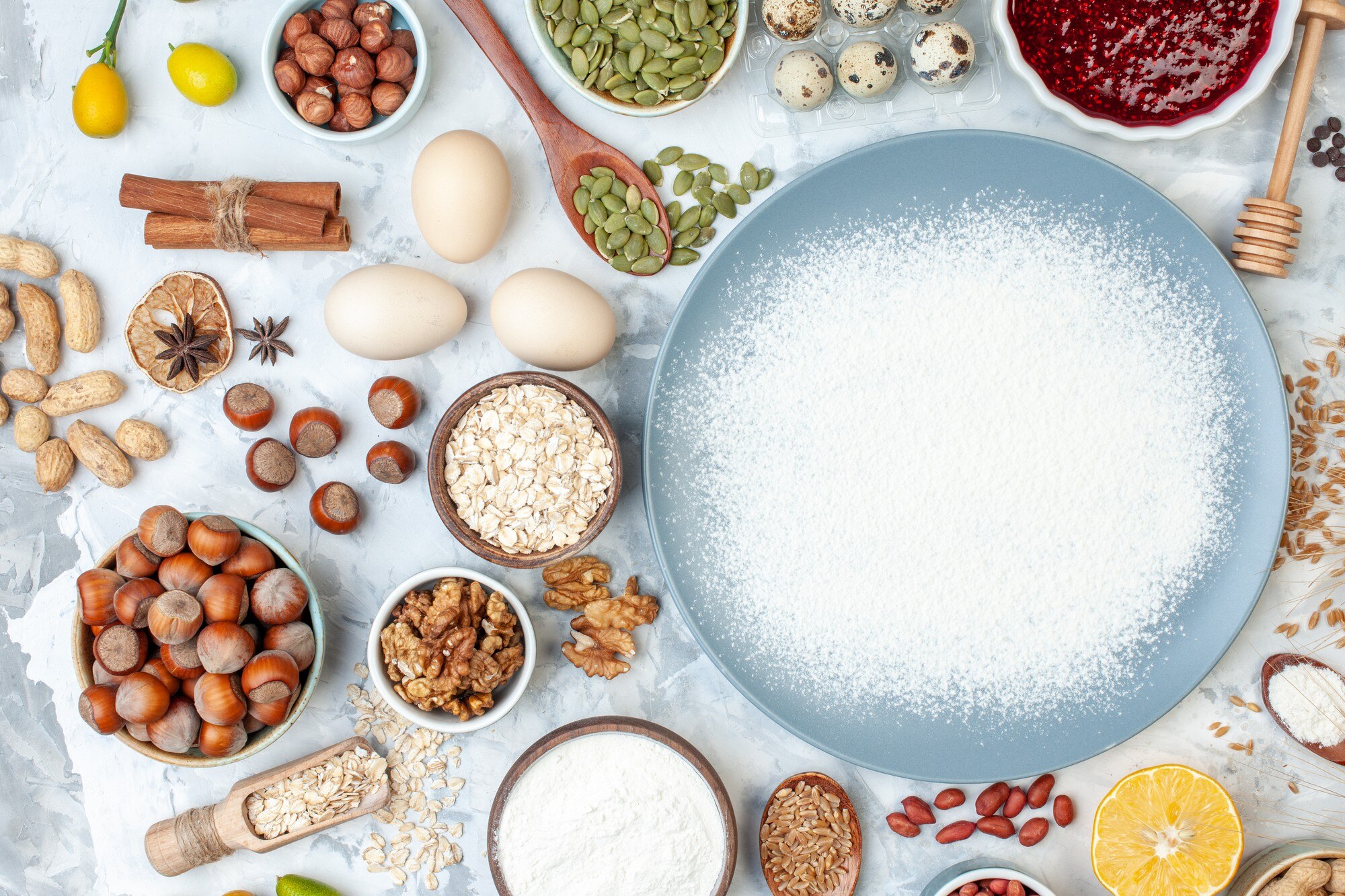 Colorful assortment of fresh vegetables, fruits, grains and healthy foods